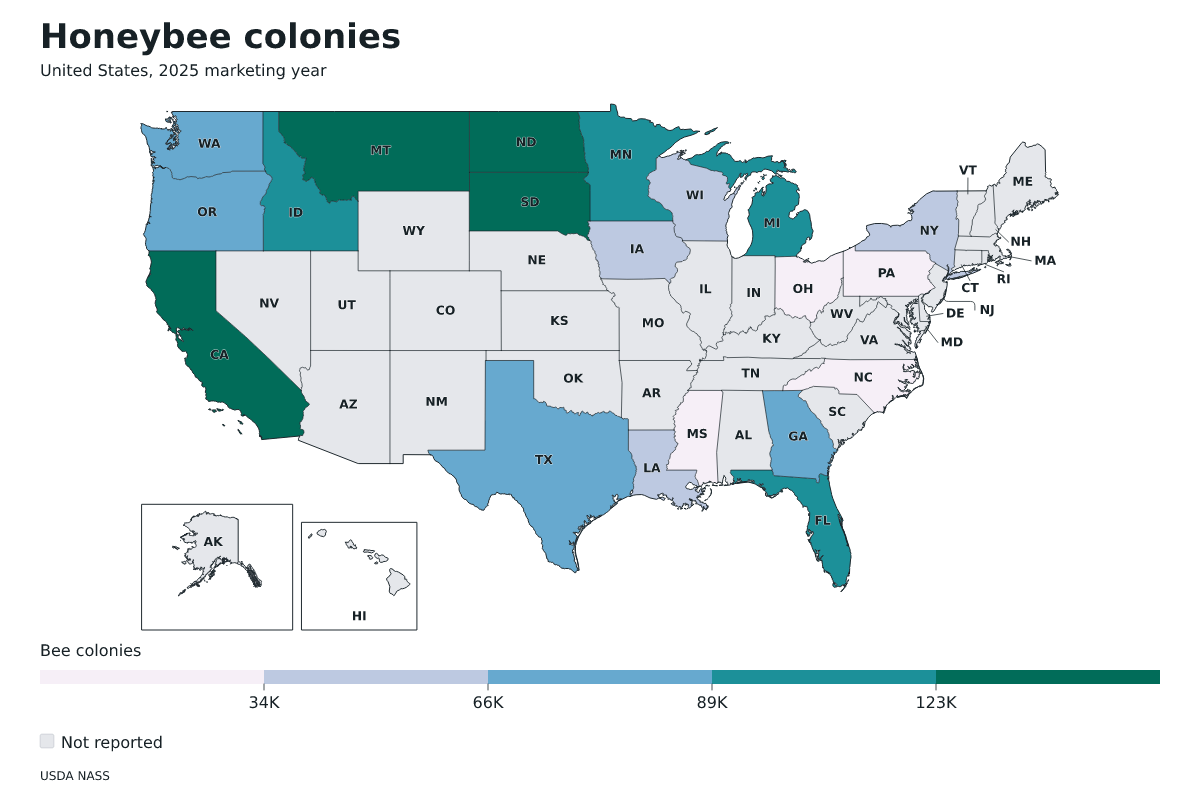 Colonias de abejas por estado en Estados Unidos, Año comercial 2025. Unidad: colonias de abejas productoras de miel. Fuente: USDA National Agricultural Statistics Service (NASS).