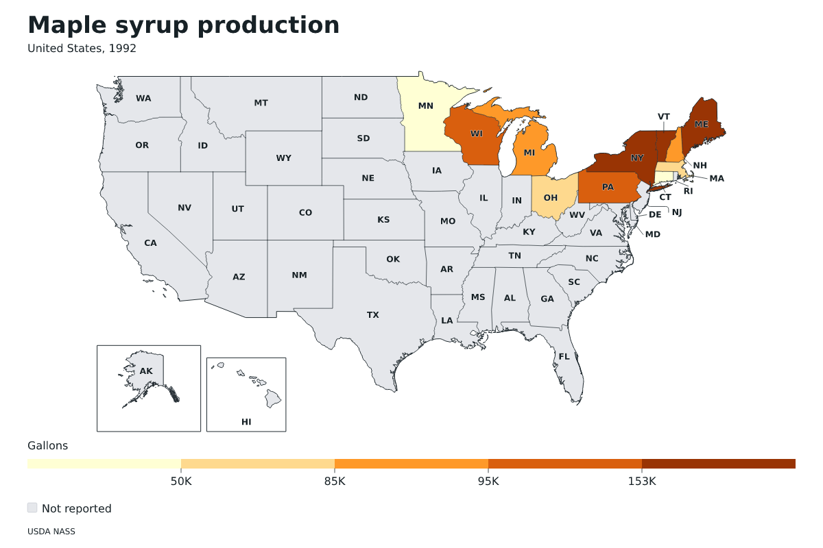 Producción de jarabe de arce por estado en Estados Unidos, 1992. Unidad: galones de jarabe de arce. Fuente: USDA National Agricultural Statistics Service (NASS).