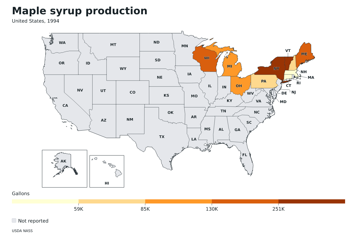 Producción de jarabe de arce por estado en Estados Unidos, 1994. Unidad: galones de jarabe de arce. Fuente: USDA National Agricultural Statistics Service (NASS).