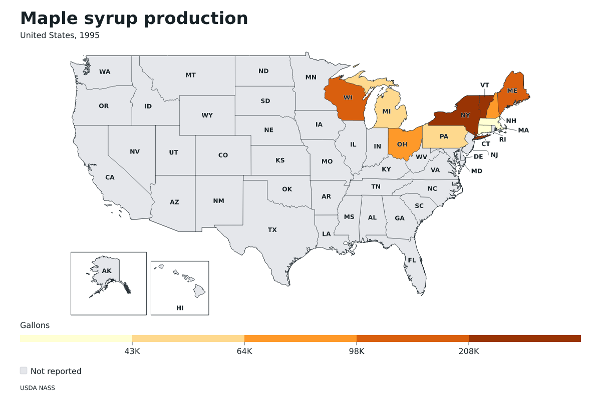 Producción de jarabe de arce por estado en Estados Unidos, 1995. Unidad: galones de jarabe de arce. Fuente: USDA National Agricultural Statistics Service (NASS).