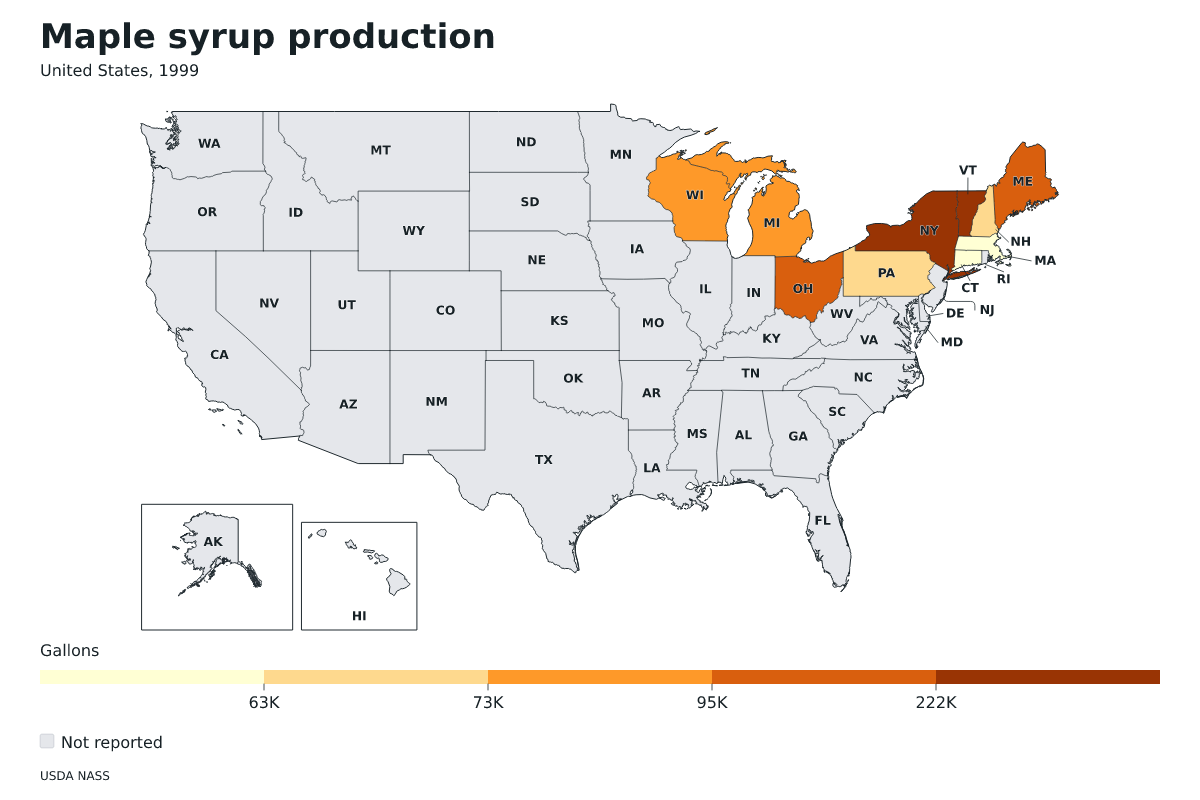 Producción de jarabe de arce por estado en Estados Unidos, 1999. Unidad: galones de jarabe de arce. Fuente: USDA National Agricultural Statistics Service (NASS).