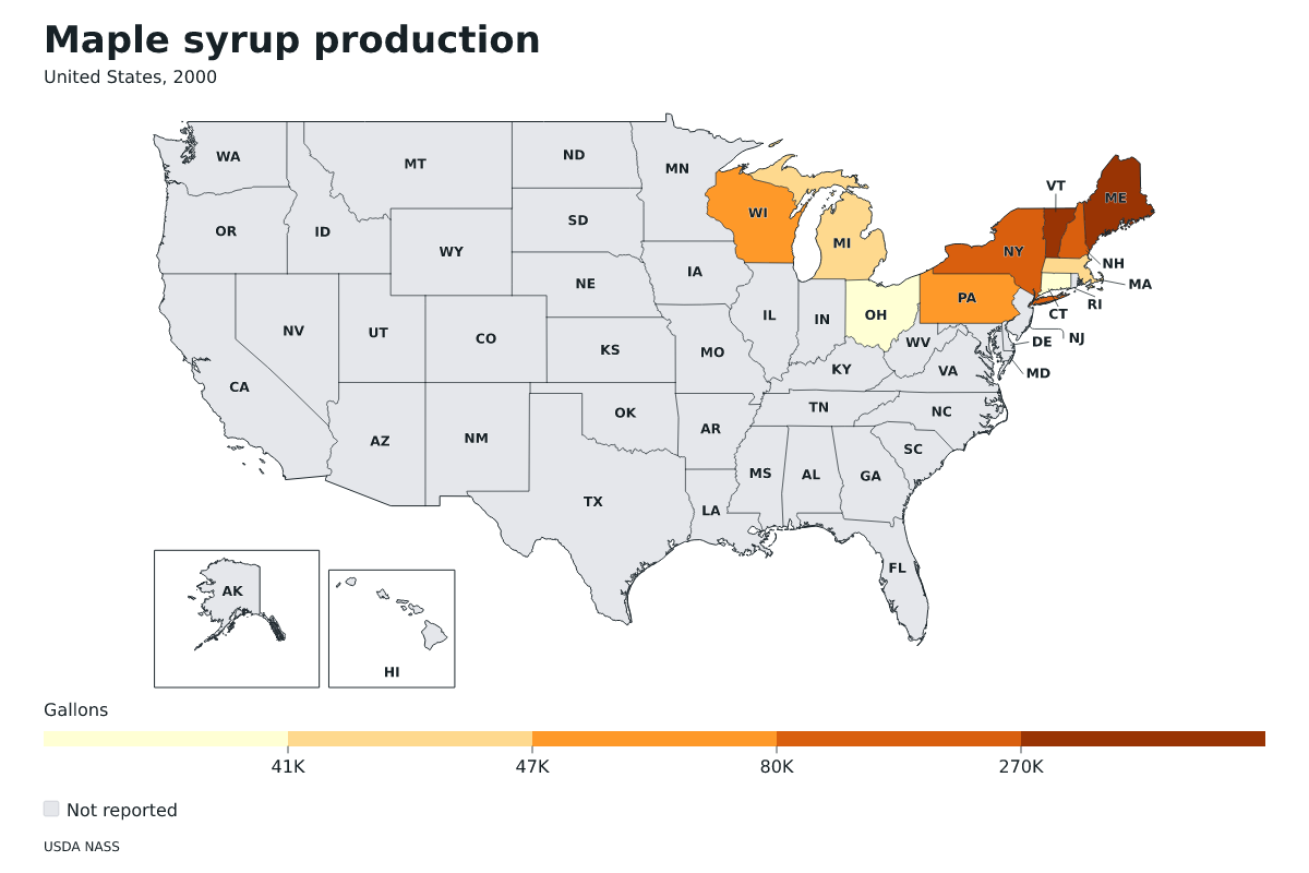 Producción de jarabe de arce por estado en Estados Unidos, 2000. Unidad: galones de jarabe de arce. Fuente: USDA National Agricultural Statistics Service (NASS).