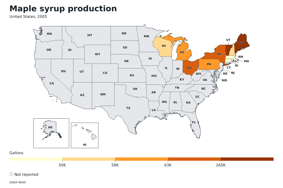 Producción de jarabe de arce por estado en Estados Unidos, 2005. Unidad: galones de jarabe de arce. Fuente: USDA National Agricultural Statistics Service (NASS).