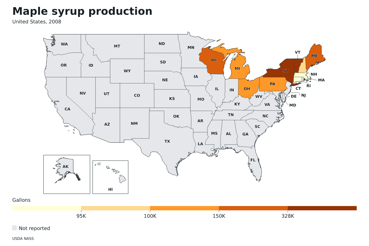 Producción de jarabe de arce por estado en Estados Unidos, 2008. Unidad: galones de jarabe de arce. Fuente: USDA National Agricultural Statistics Service (NASS).