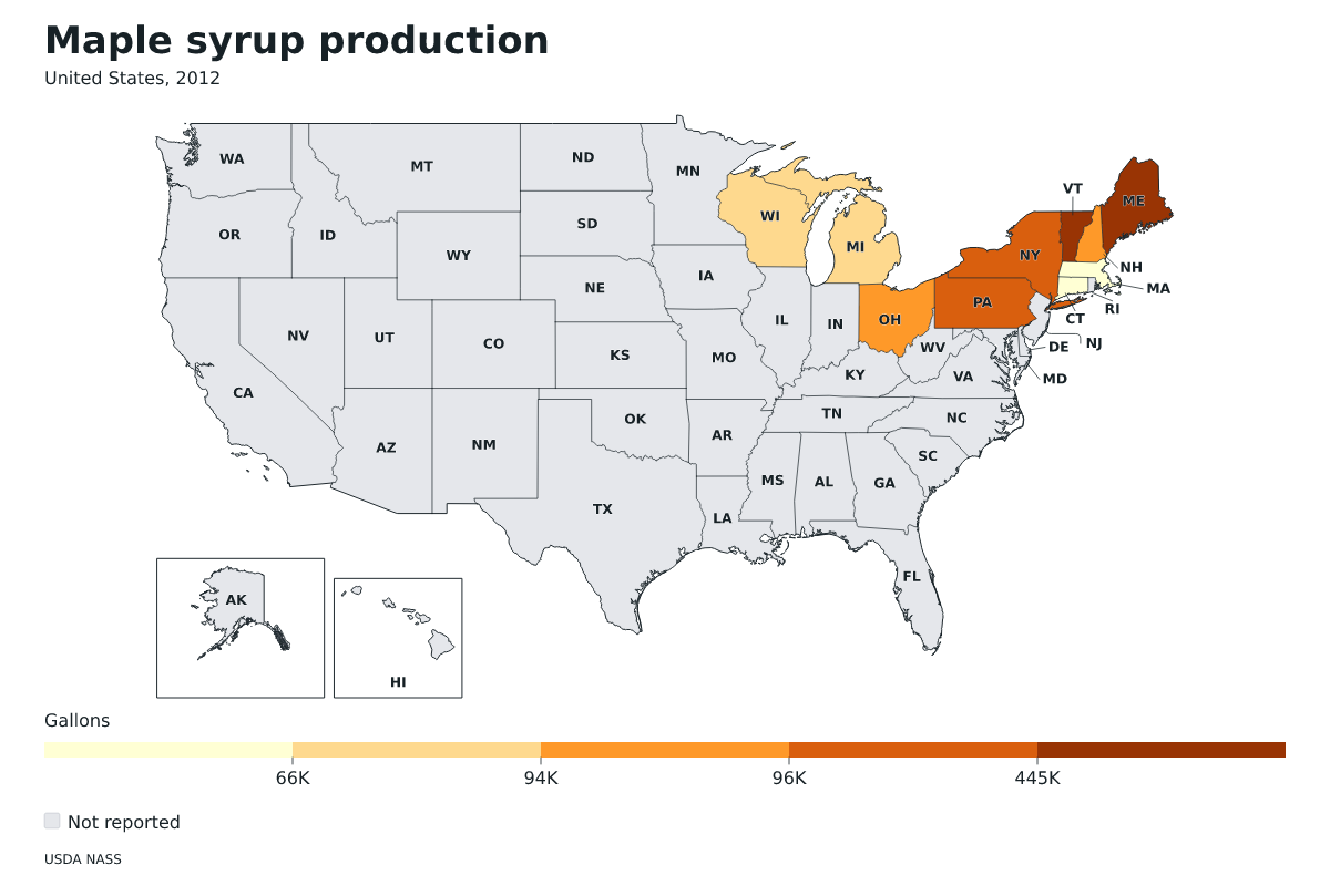 Producción de jarabe de arce por estado en Estados Unidos, 2012. Unidad: galones de jarabe de arce. Fuente: USDA National Agricultural Statistics Service (NASS).