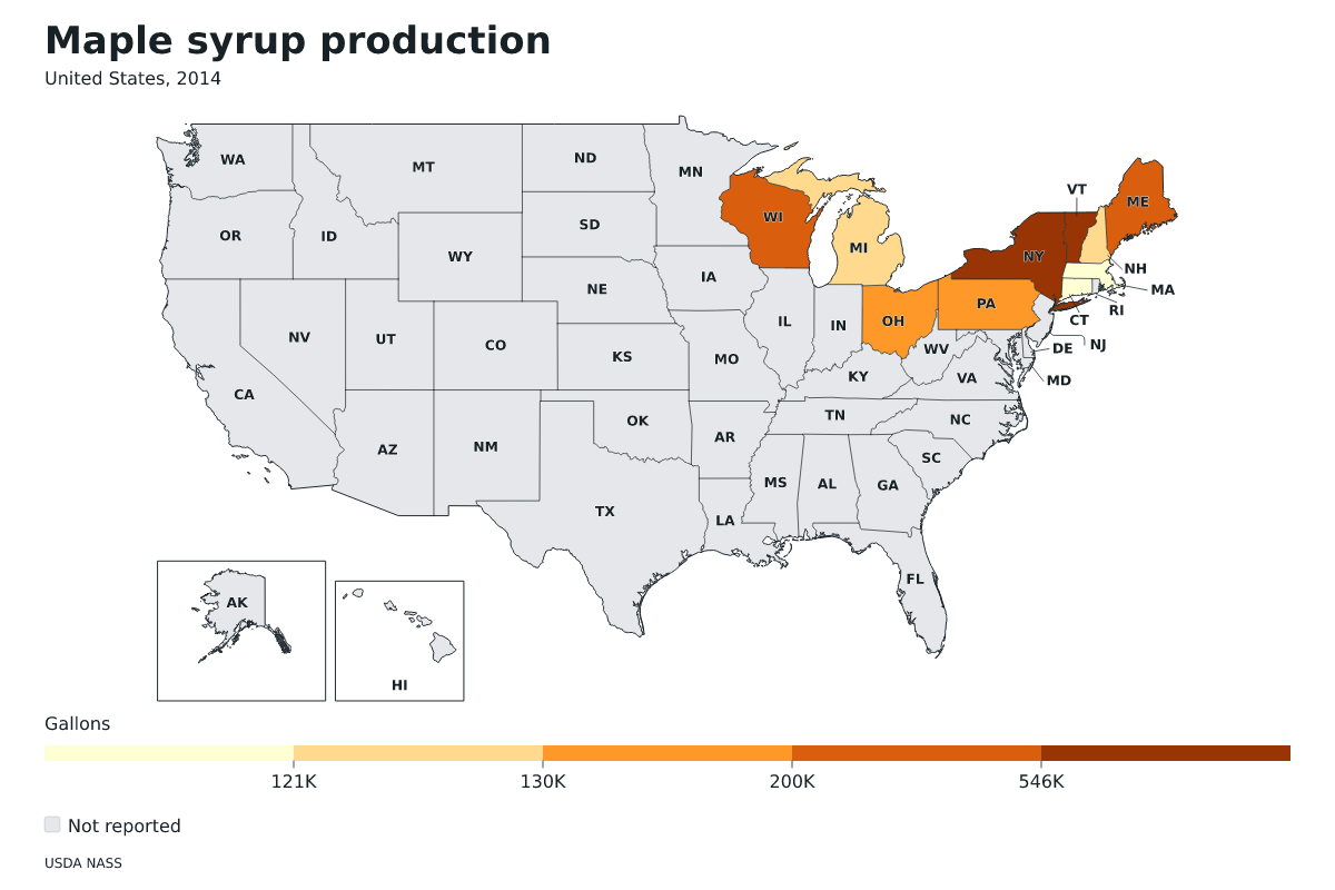 Producción de jarabe de arce por estado en Estados Unidos, 2014. Unidad: galones de jarabe de arce. Fuente: USDA National Agricultural Statistics Service (NASS).