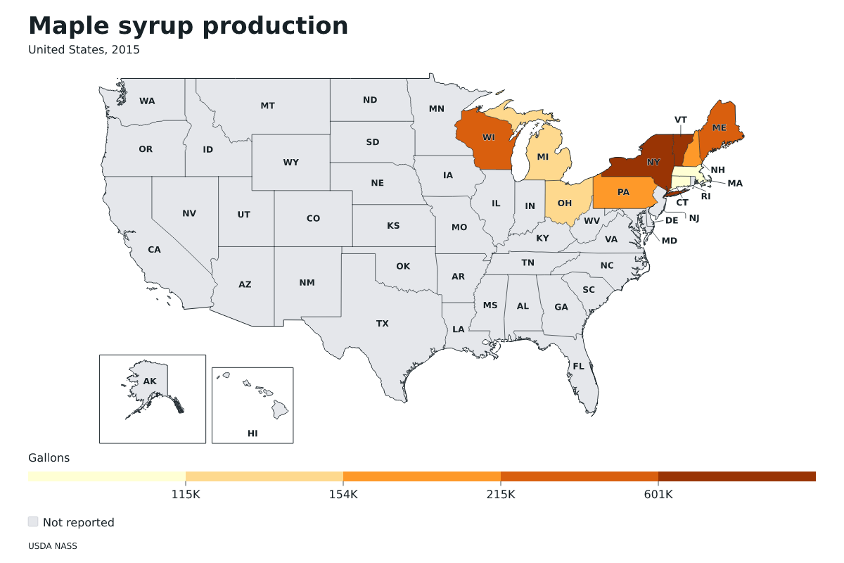 Producción de jarabe de arce por estado en Estados Unidos, 2015. Unidad: galones de jarabe de arce. Fuente: USDA National Agricultural Statistics Service (NASS).