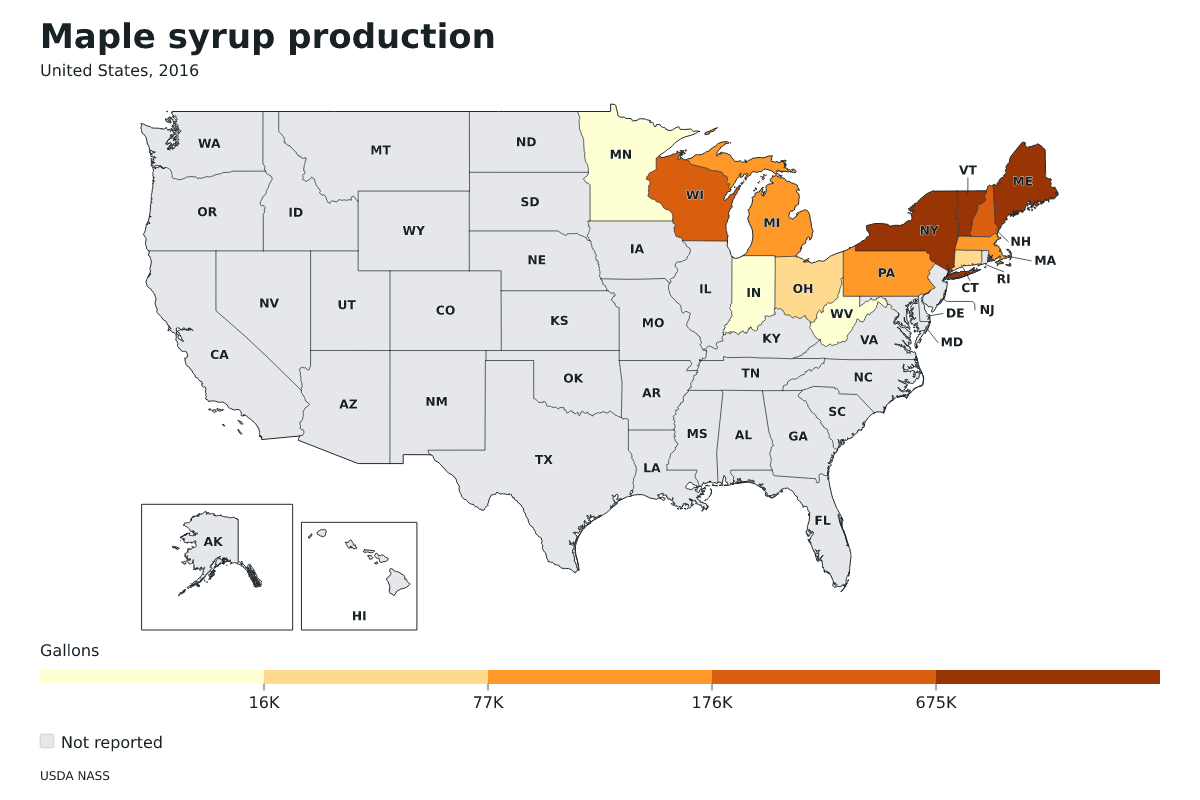 Producción de jarabe de arce por estado en Estados Unidos, 2016. Unidad: galones de jarabe de arce. Fuente: USDA National Agricultural Statistics Service (NASS).