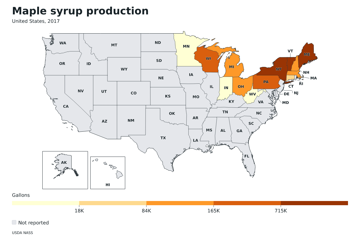 Producción de jarabe de arce por estado en Estados Unidos, 2017. Unidad: galones de jarabe de arce. Fuente: USDA National Agricultural Statistics Service (NASS).