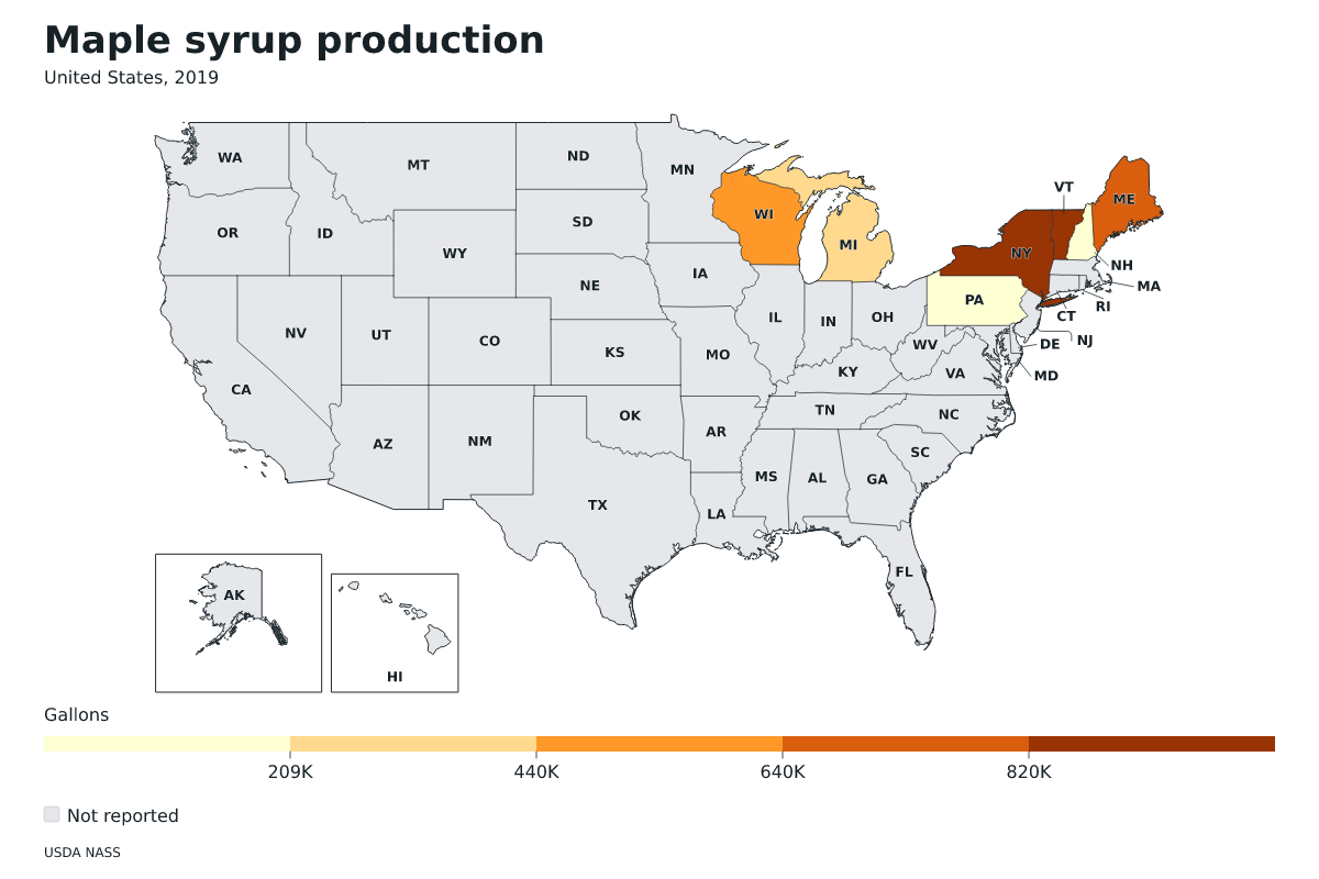 Producción de jarabe de arce por estado en Estados Unidos, 2019. Unidad: galones de jarabe de arce. Fuente: USDA National Agricultural Statistics Service (NASS).