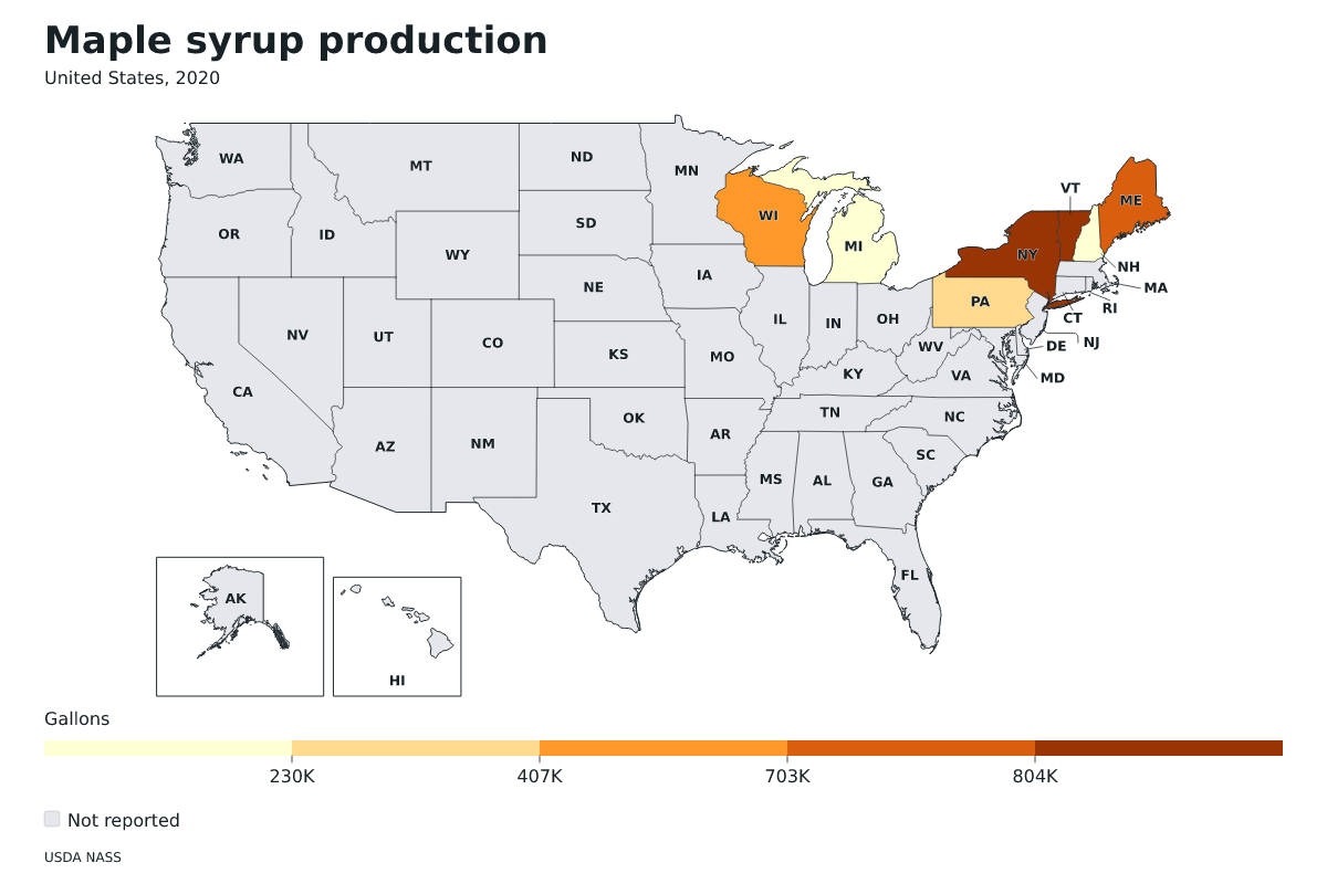 Producción de jarabe de arce por estado en Estados Unidos, 2020. Unidad: galones de jarabe de arce. Fuente: USDA National Agricultural Statistics Service (NASS).