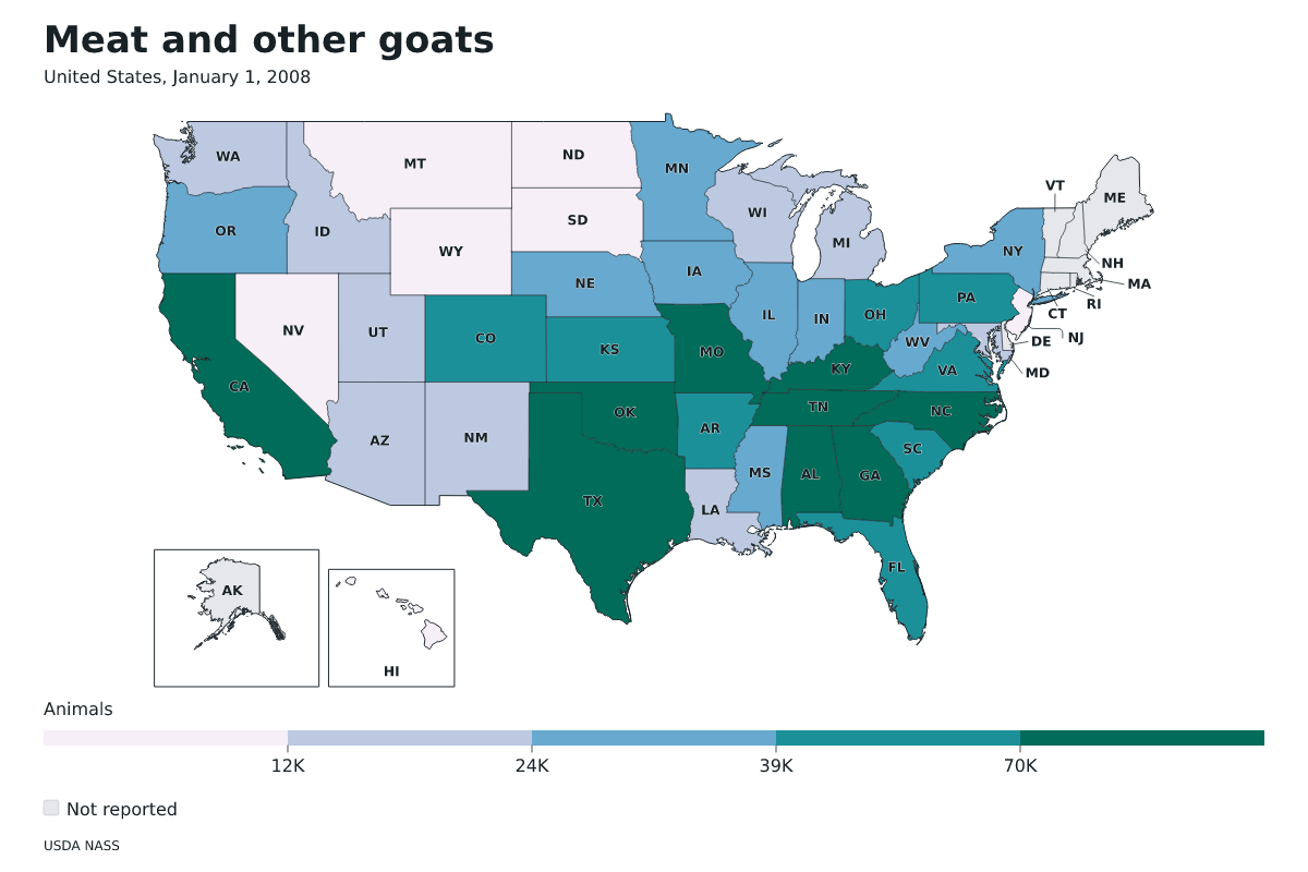 Cabras de carne y otras por estado en Estados Unidos, 1 de enero de 2008. Unidad: cabras de carne y otras. Fuente: USDA National Agricultural Statistics Service (NASS).
