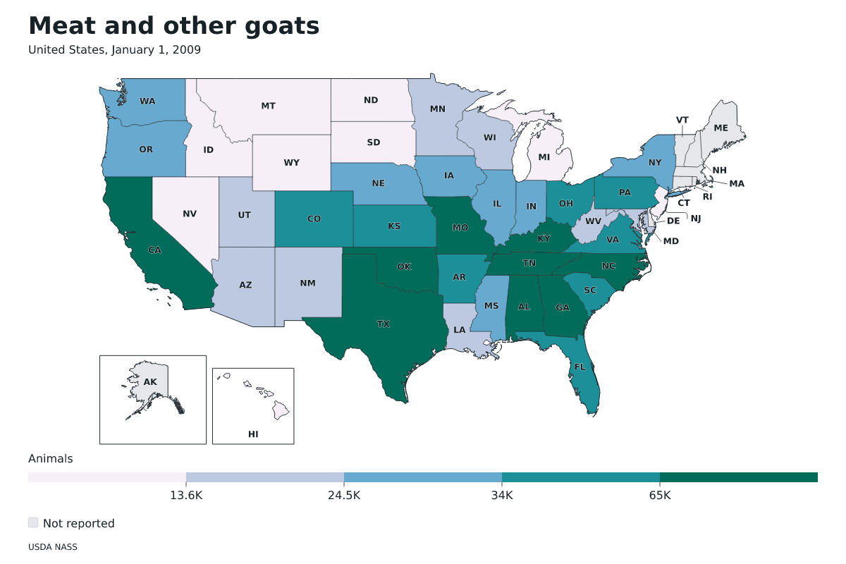 Cabras de carne y otras por estado en Estados Unidos, 1 de enero de 2009. Unidad: cabras de carne y otras. Fuente: USDA National Agricultural Statistics Service (NASS).