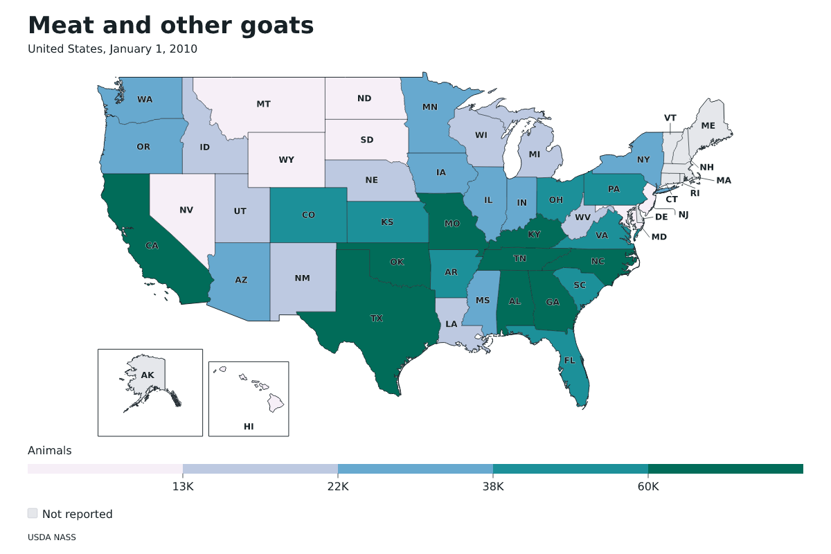Cabras de carne y otras por estado en Estados Unidos, 1 de enero de 2010. Unidad: cabras de carne y otras. Fuente: USDA National Agricultural Statistics Service (NASS).
