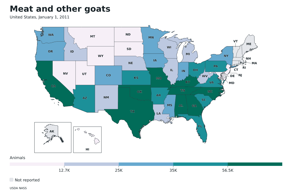 Cabras de carne y otras por estado en Estados Unidos, 1 de enero de 2011. Unidad: cabras de carne y otras. Fuente: USDA National Agricultural Statistics Service (NASS).