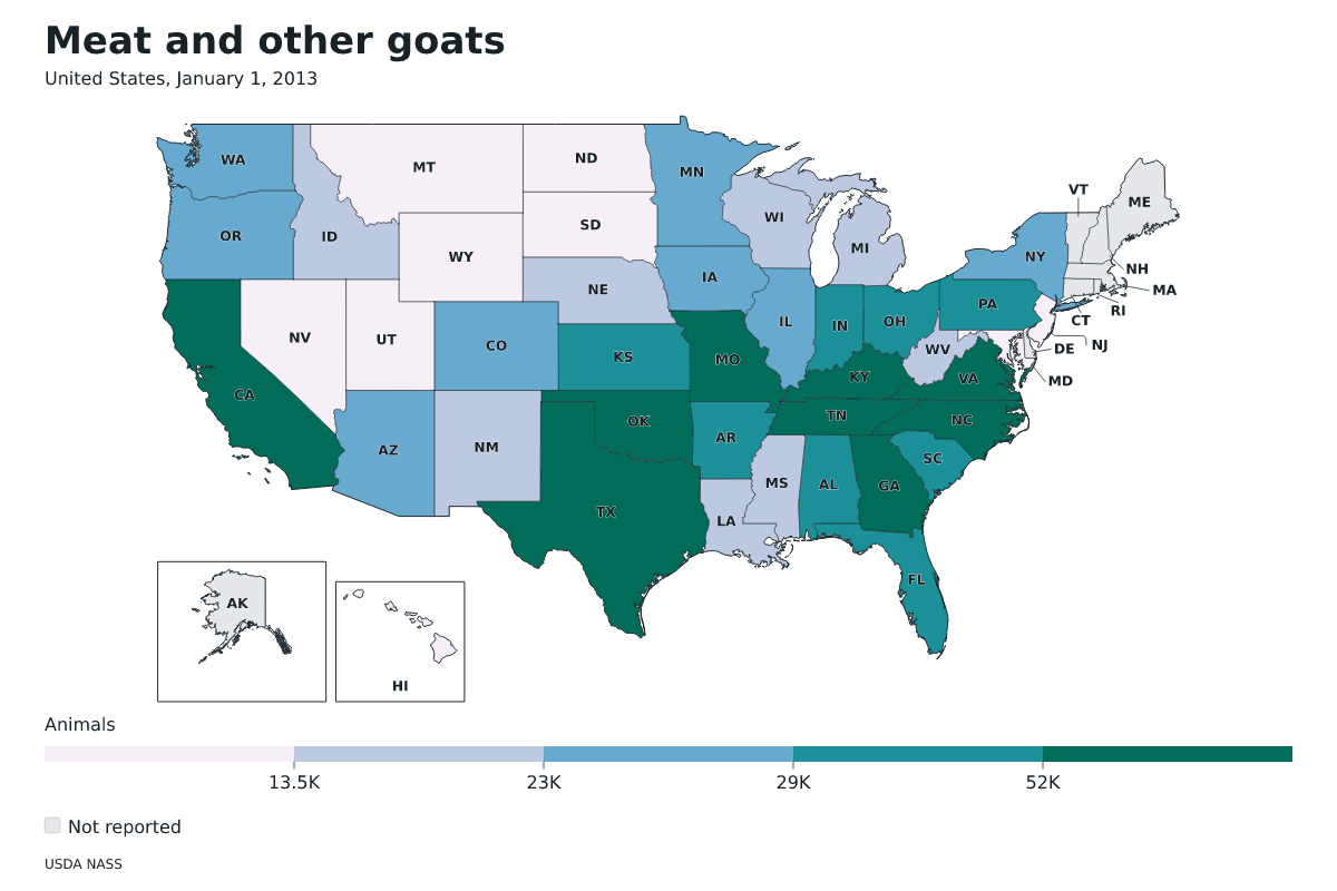 Cabras de carne y otras por estado en Estados Unidos, 1 de enero de 2013. Unidad: cabras de carne y otras. Fuente: USDA National Agricultural Statistics Service (NASS).