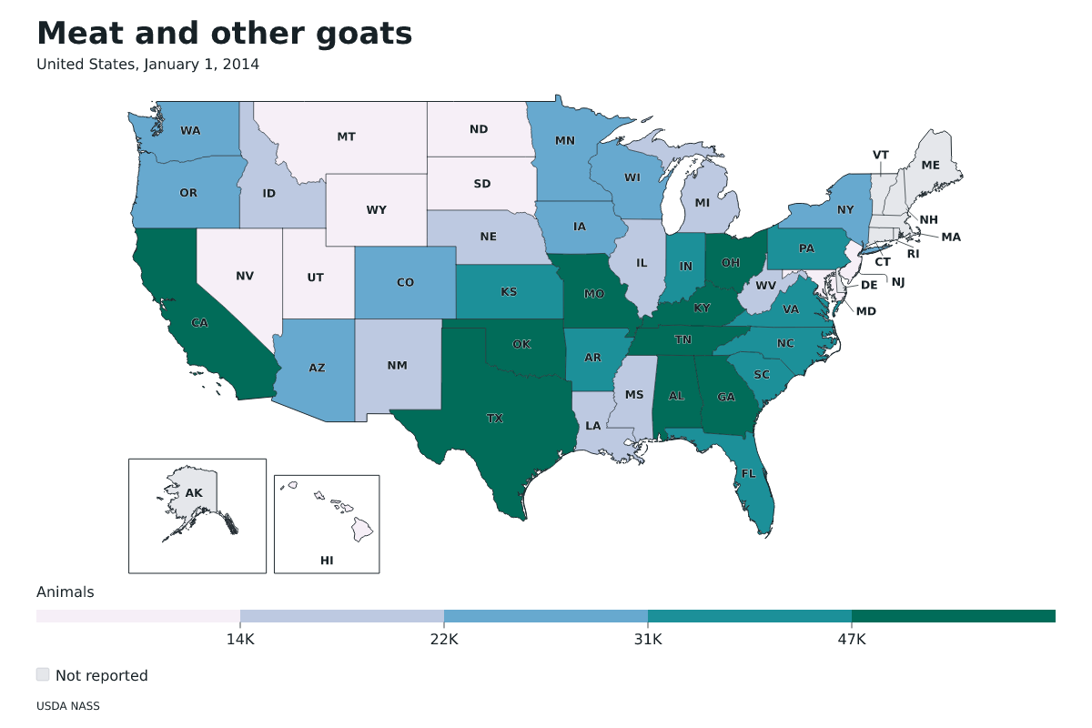 Cabras de carne y otras por estado en Estados Unidos, 1 de enero de 2014. Unidad: cabras de carne y otras. Fuente: USDA National Agricultural Statistics Service (NASS).