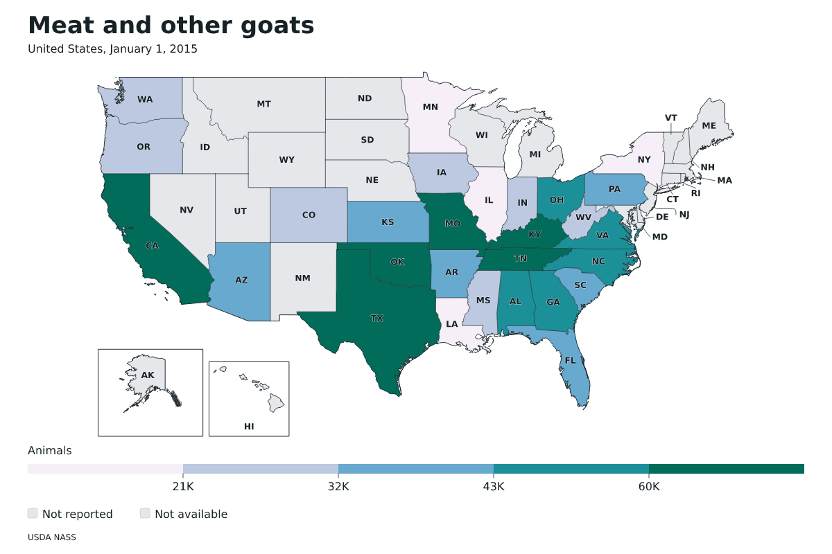 Cabras de carne y otras por estado en Estados Unidos, 1 de enero de 2015. Unidad: cabras de carne y otras. Fuente: USDA National Agricultural Statistics Service (NASS).