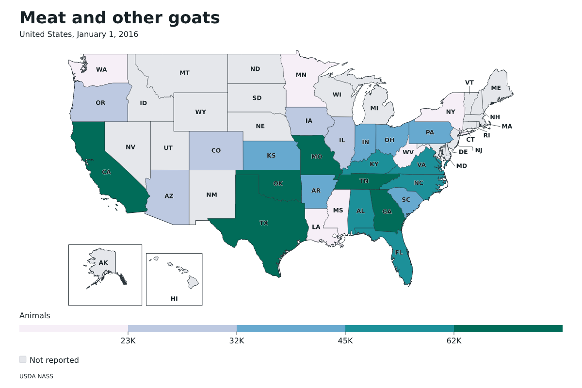 Cabras de carne y otras por estado en Estados Unidos, 1 de enero de 2016. Unidad: cabras de carne y otras. Fuente: USDA National Agricultural Statistics Service (NASS).