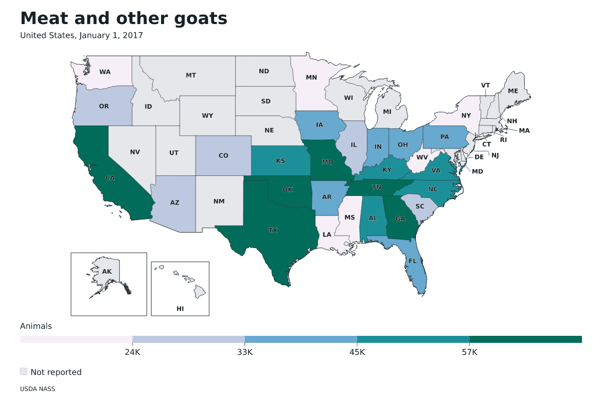 Cabras de carne y otras por estado en Estados Unidos, 1 de enero de 2017. Unidad: cabras de carne y otras. Fuente: USDA National Agricultural Statistics Service (NASS).