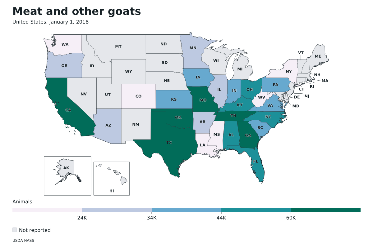 Cabras de carne y otras por estado en Estados Unidos, 1 de enero de 2018. Unidad: cabras de carne y otras. Fuente: USDA National Agricultural Statistics Service (NASS).