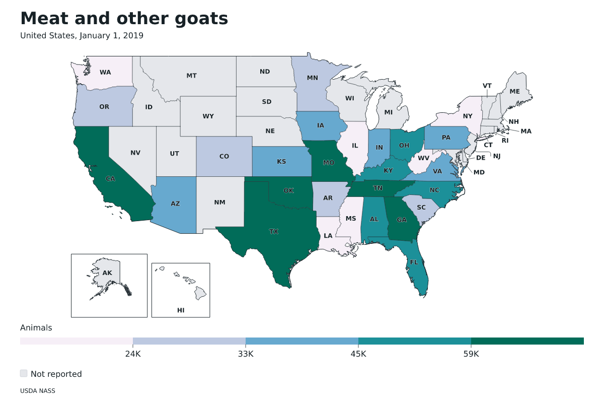 Cabras de carne y otras por estado en Estados Unidos, 1 de enero de 2019. Unidad: cabras de carne y otras. Fuente: USDA National Agricultural Statistics Service (NASS).