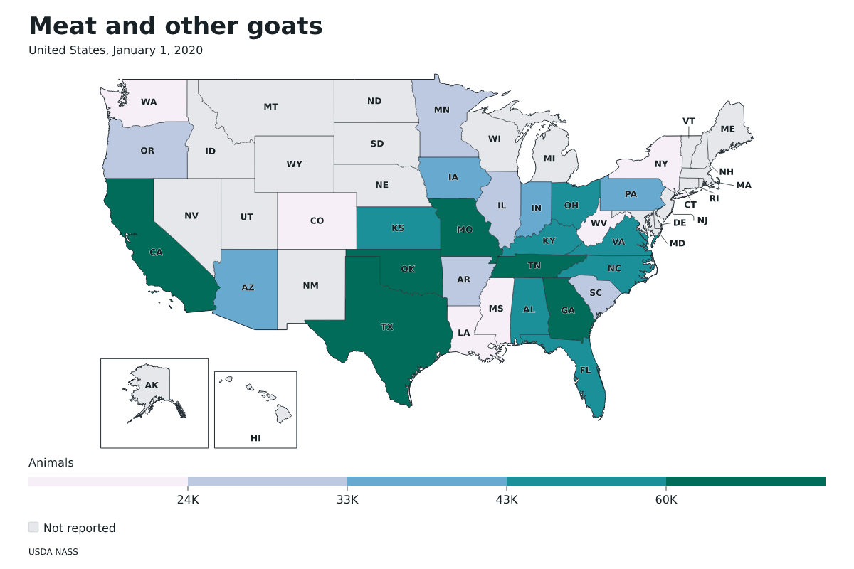 Cabras de carne y otras por estado en Estados Unidos, 1 de enero de 2020. Unidad: cabras de carne y otras. Fuente: USDA National Agricultural Statistics Service (NASS).