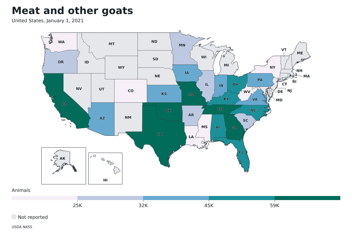 Cabras de carne y otras por estado en Estados Unidos, 1 de enero de 2021. Unidad: cabras de carne y otras. Fuente: USDA National Agricultural Statistics Service (NASS).