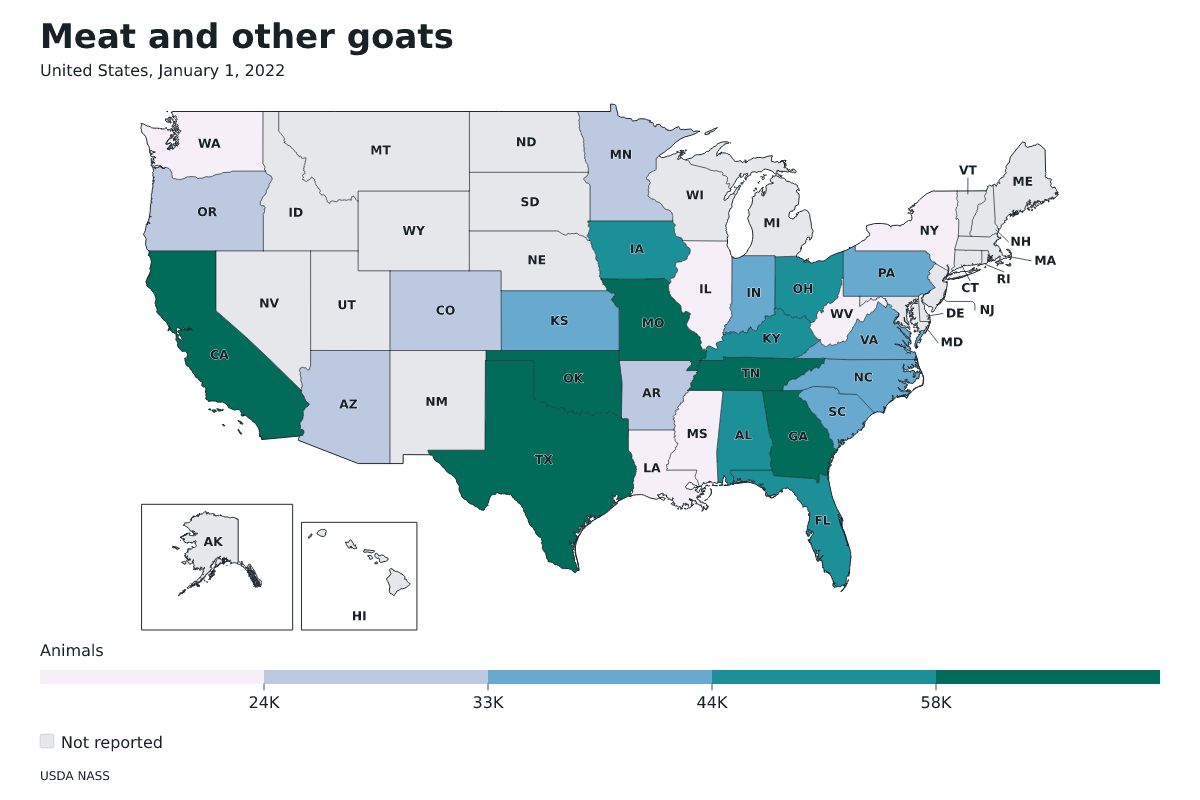 Cabras de carne y otras por estado en Estados Unidos, 1 de enero de 2022. Unidad: cabras de carne y otras. Fuente: USDA National Agricultural Statistics Service (NASS).