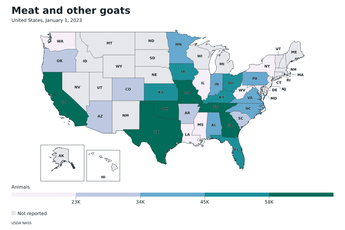 Cabras de carne y otras por estado en Estados Unidos, 1 de enero de 2023. Unidad: cabras de carne y otras. Fuente: USDA National Agricultural Statistics Service (NASS).