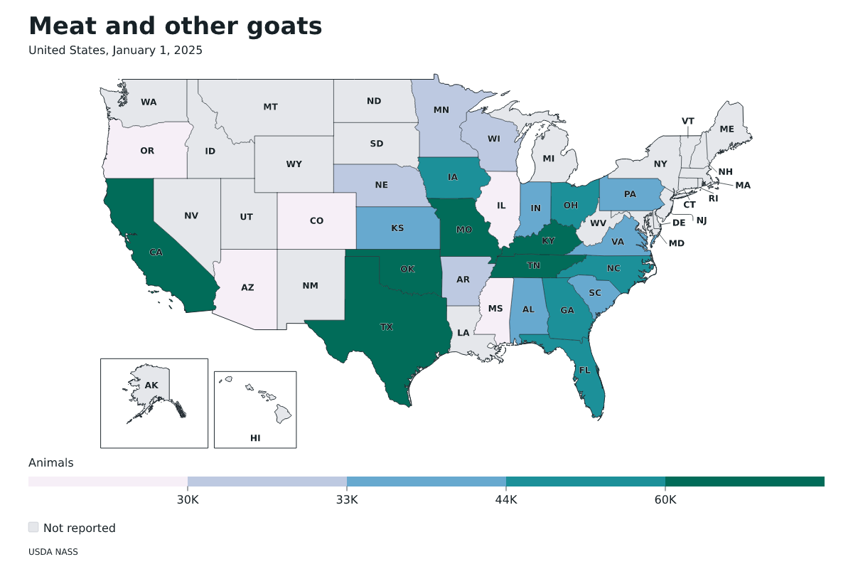 Cabras de carne y otras por estado en Estados Unidos, 1 de enero de 2025. Unidad: cabras de carne y otras. Fuente: USDA National Agricultural Statistics Service (NASS).