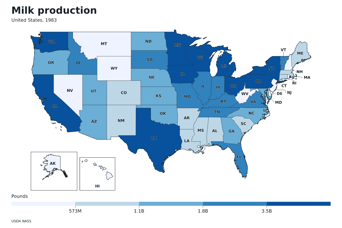 Producción de leche por estado en Estados Unidos, 1983. Unidad: libras de leche. Fuente: USDA National Agricultural Statistics Service (NASS).