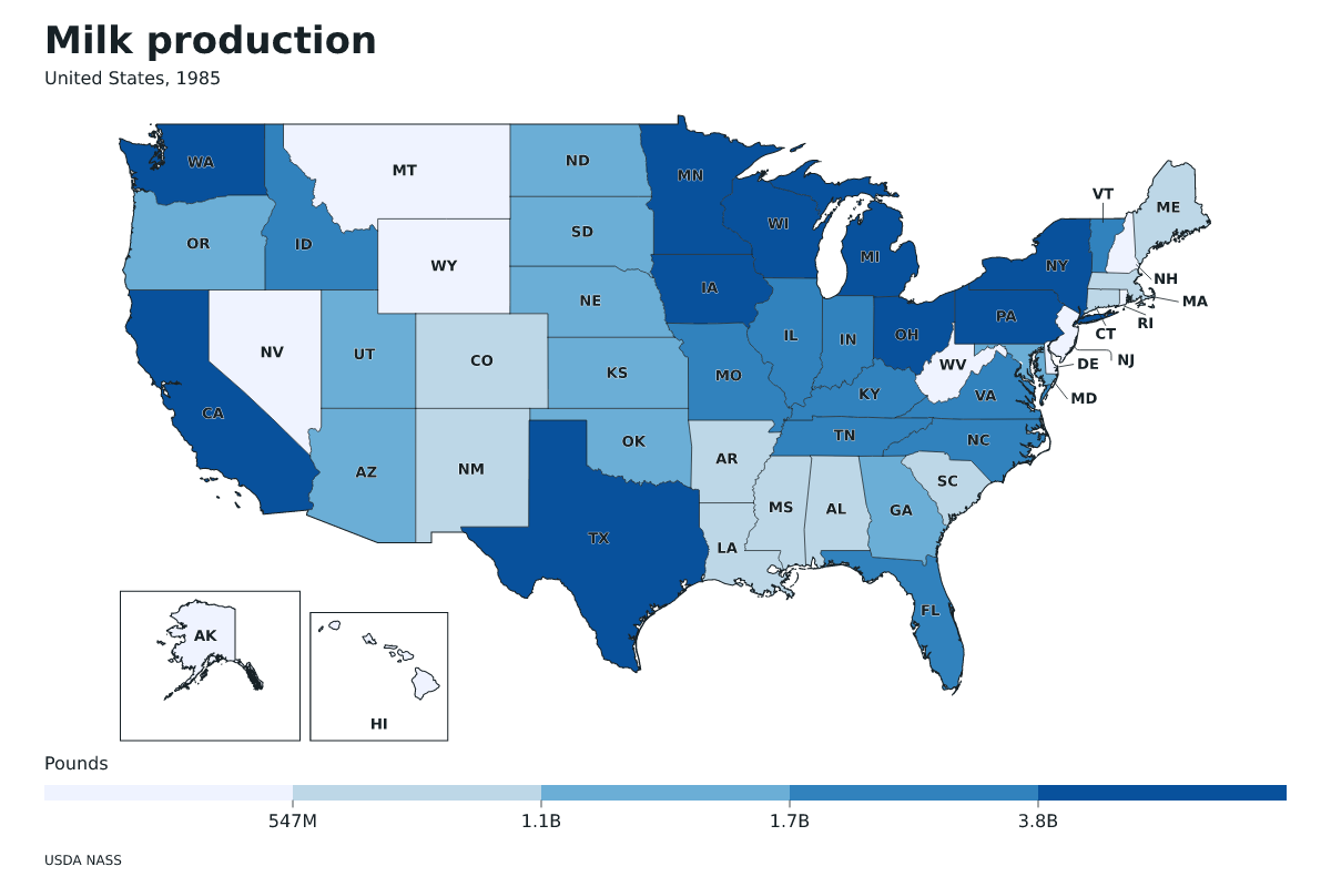 Producción de leche por estado en Estados Unidos, 1985. Unidad: libras de leche. Fuente: USDA National Agricultural Statistics Service (NASS).