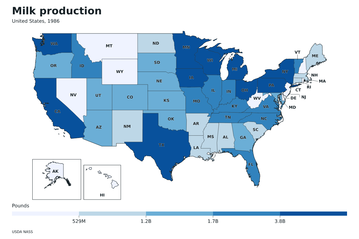 Producción de leche por estado en Estados Unidos, 1986. Unidad: libras de leche. Fuente: USDA National Agricultural Statistics Service (NASS).