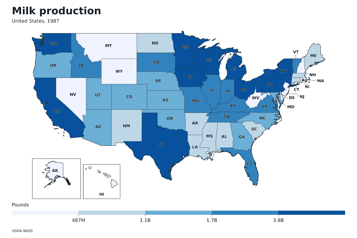 Producción de leche por estado en Estados Unidos, 1987. Unidad: libras de leche. Fuente: USDA National Agricultural Statistics Service (NASS).