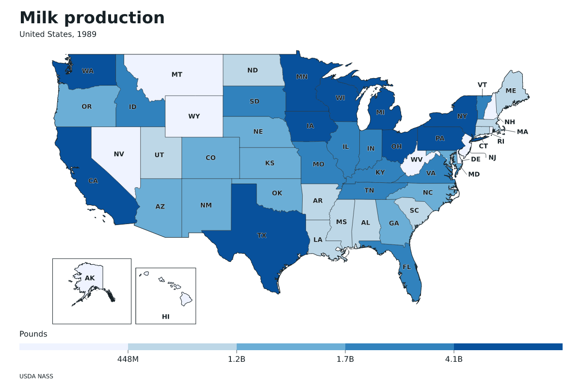 Producción de leche por estado en Estados Unidos, 1989. Unidad: libras de leche. Fuente: USDA National Agricultural Statistics Service (NASS).