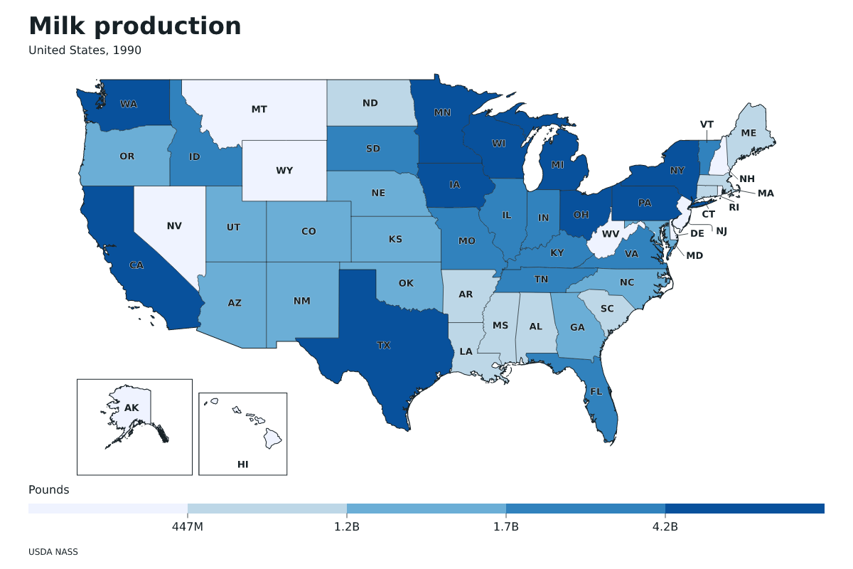 Producción de leche por estado en Estados Unidos, 1990. Unidad: libras de leche. Fuente: USDA National Agricultural Statistics Service (NASS).
