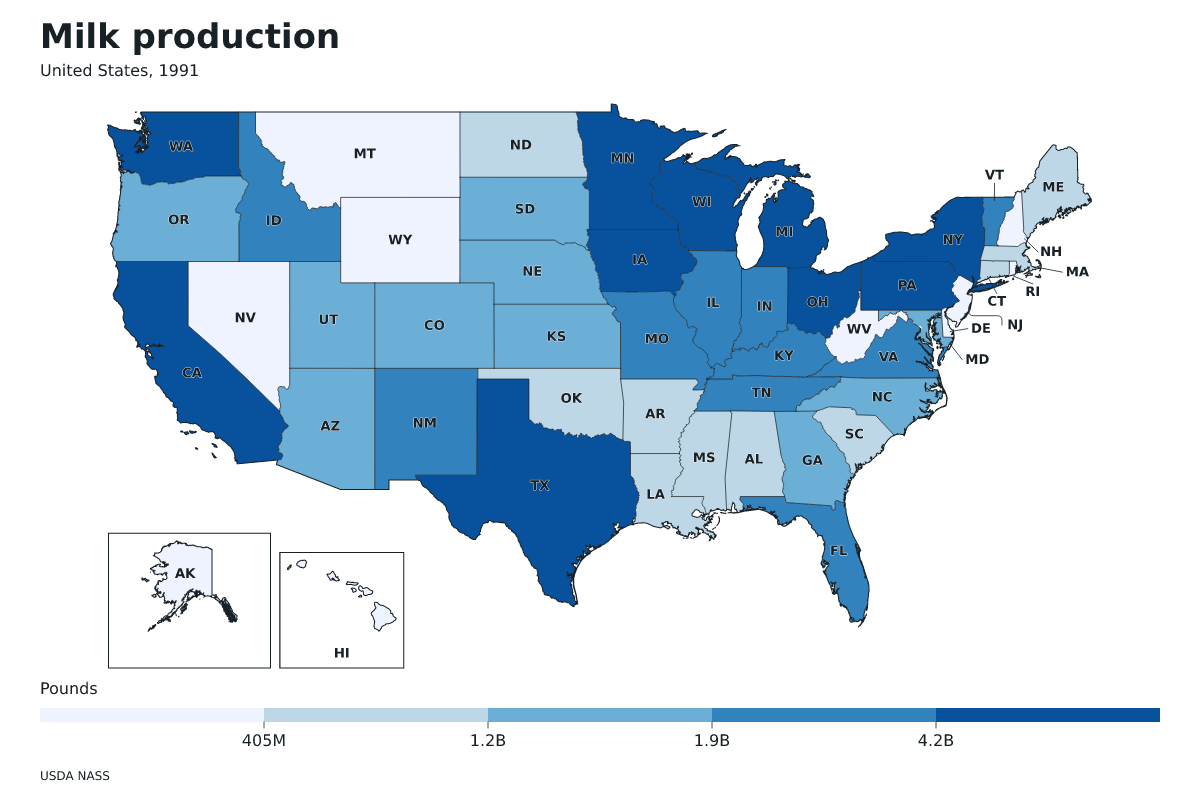 Producción de leche por estado en Estados Unidos, 1991. Unidad: libras de leche. Fuente: USDA National Agricultural Statistics Service (NASS).