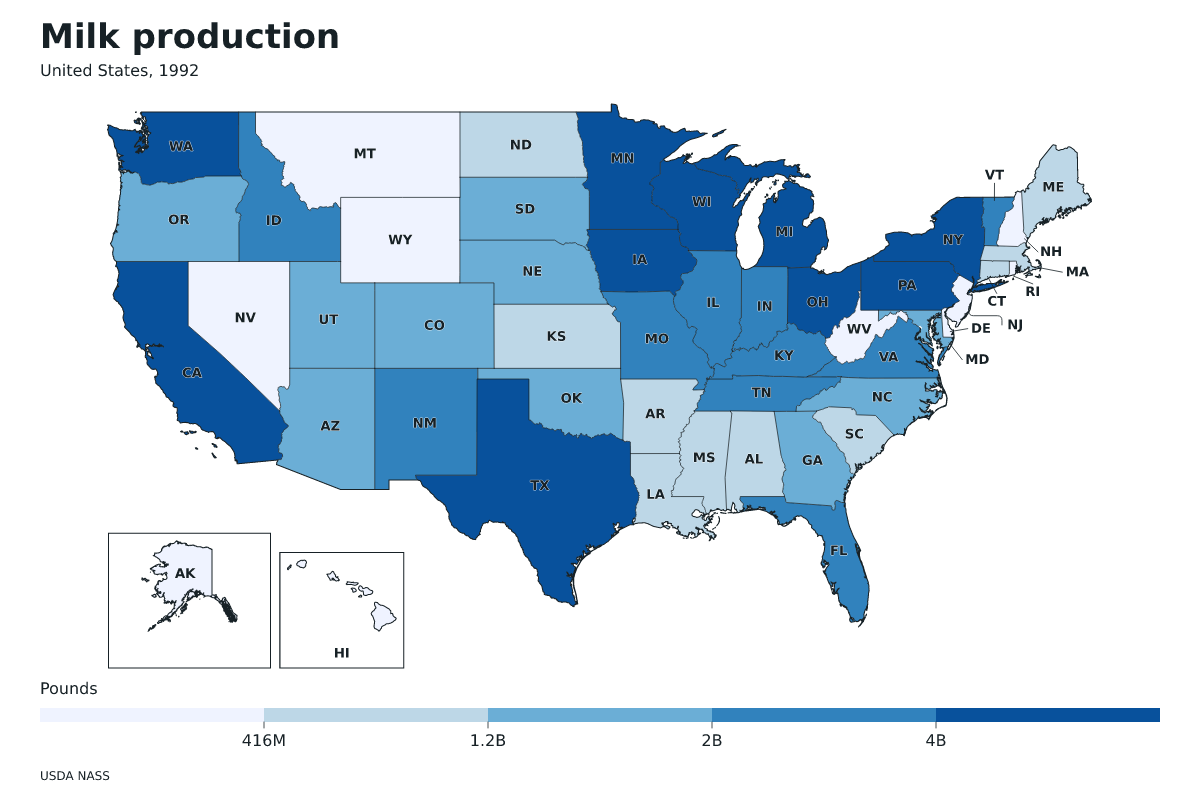 Producción de leche por estado en Estados Unidos, 1992. Unidad: libras de leche. Fuente: USDA National Agricultural Statistics Service (NASS).