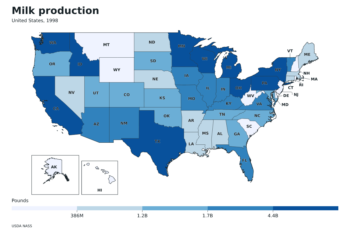 Producción de leche por estado en Estados Unidos, 1998. Unidad: libras de leche. Fuente: USDA National Agricultural Statistics Service (NASS).