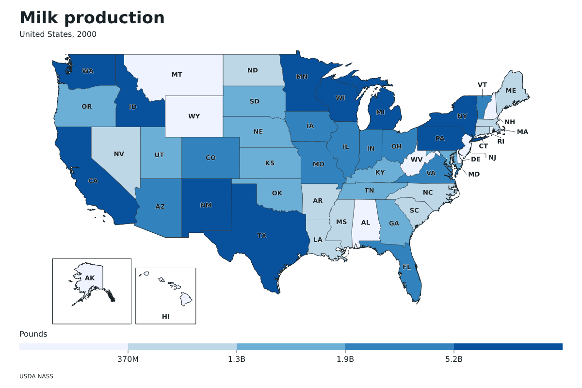 Producción de leche por estado en Estados Unidos, 2000. Unidad: libras de leche. Fuente: USDA National Agricultural Statistics Service (NASS).