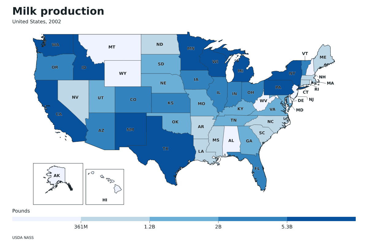 Producción de leche por estado en Estados Unidos, 2002. Unidad: libras de leche. Fuente: USDA National Agricultural Statistics Service (NASS).