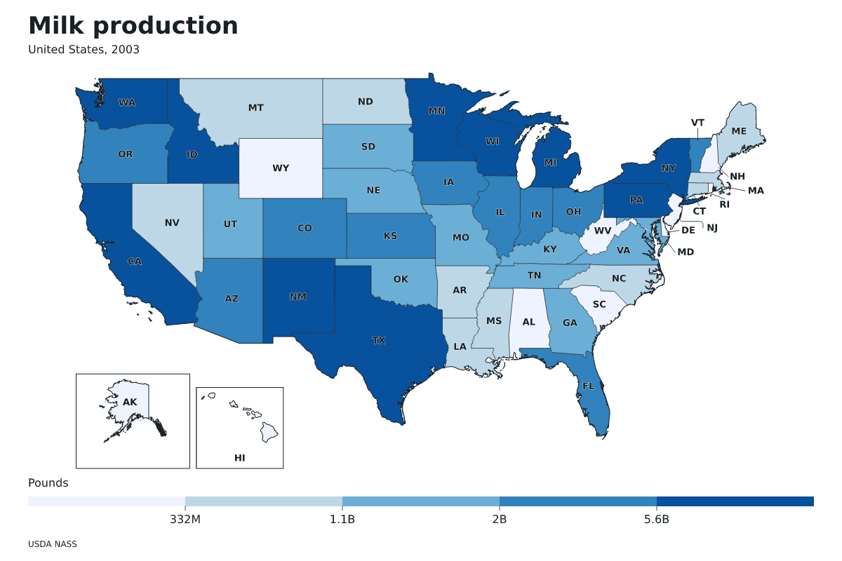 Producción de leche por estado en Estados Unidos, 2003. Unidad: libras de leche. Fuente: USDA National Agricultural Statistics Service (NASS).