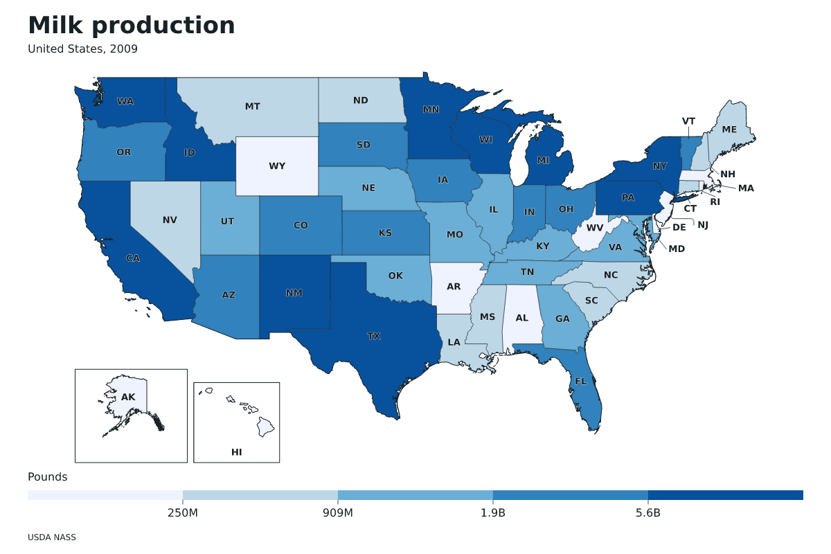 Producción de leche por estado en Estados Unidos, 2009. Unidad: libras de leche. Fuente: USDA National Agricultural Statistics Service (NASS).