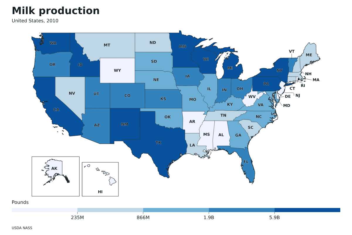 Producción de leche por estado en Estados Unidos, 2010. Unidad: libras de leche. Fuente: USDA National Agricultural Statistics Service (NASS).