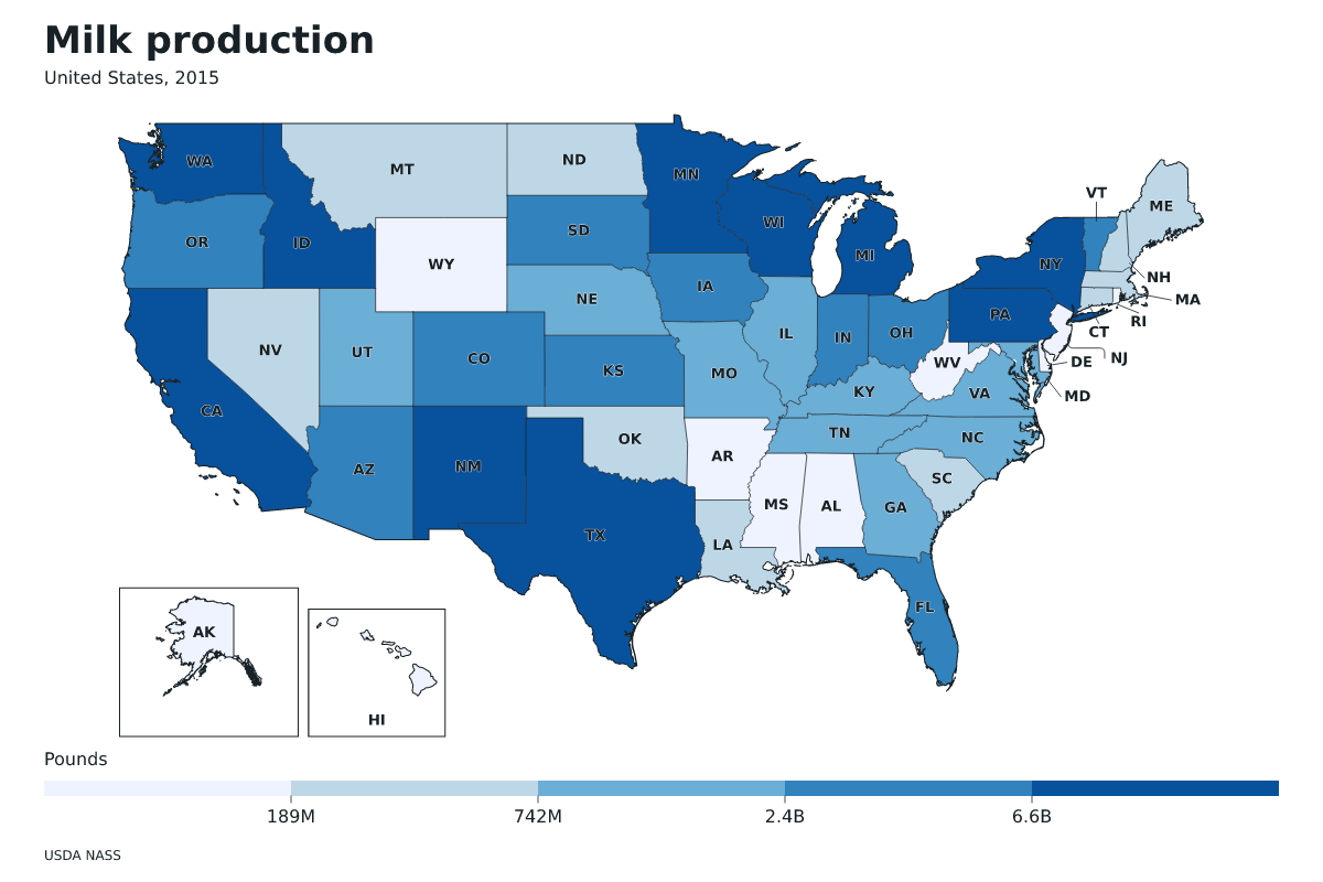 Producción de leche por estado en Estados Unidos, 2015. Unidad: libras de leche. Fuente: USDA National Agricultural Statistics Service (NASS).