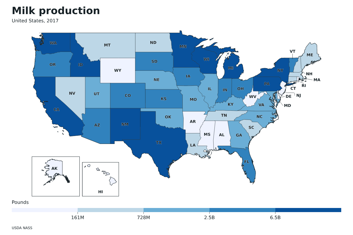 Producción de leche por estado en Estados Unidos, 2017. Unidad: libras de leche. Fuente: USDA National Agricultural Statistics Service (NASS).