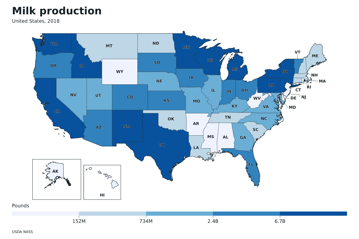 Producción de leche por estado en Estados Unidos, 2018. Unidad: libras de leche. Fuente: USDA National Agricultural Statistics Service (NASS).