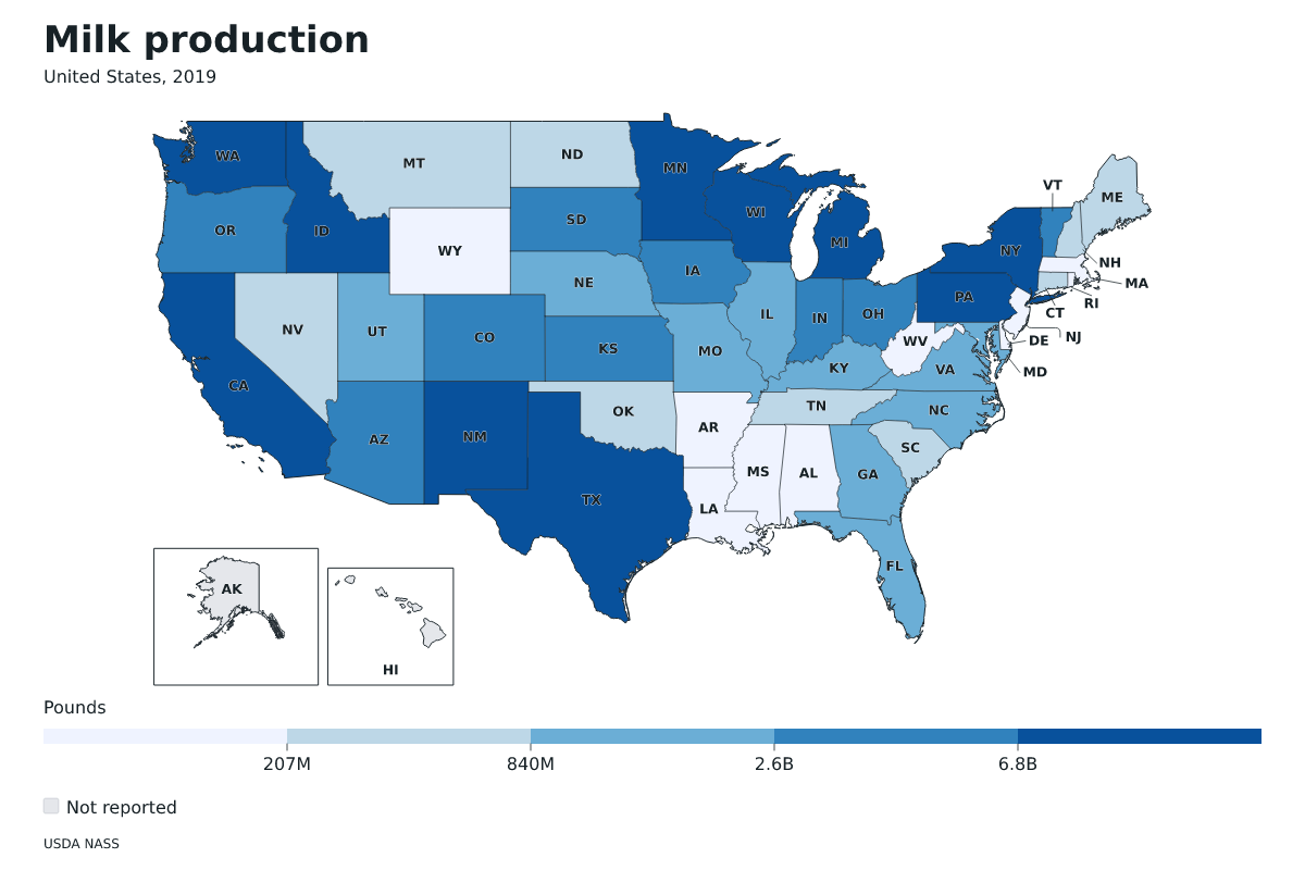 Producción de leche por estado en Estados Unidos, 2019. Unidad: libras de leche. Fuente: USDA National Agricultural Statistics Service (NASS).