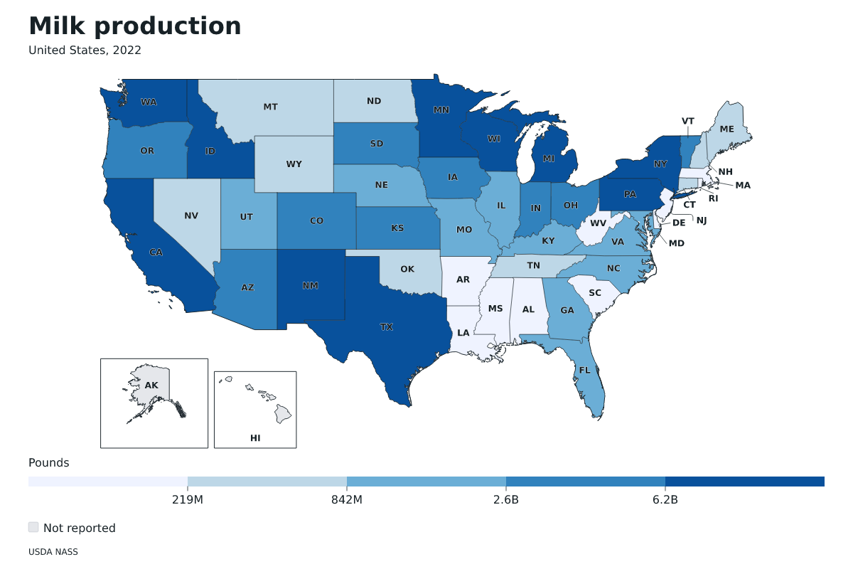 Producción de leche por estado en Estados Unidos, 2022. Unidad: libras de leche. Fuente: USDA National Agricultural Statistics Service (NASS).